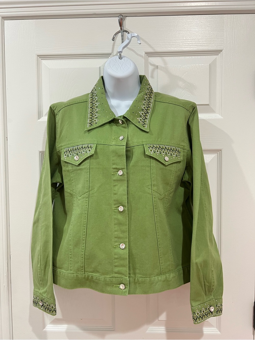 Christine Alexander Green Embellished Denim Jacket - Size L - Rhinestone Detail